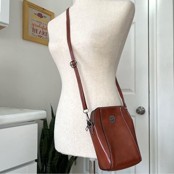 Handbags - Cognac Leather Mini Vertical Cell Phone Crossbody Bag